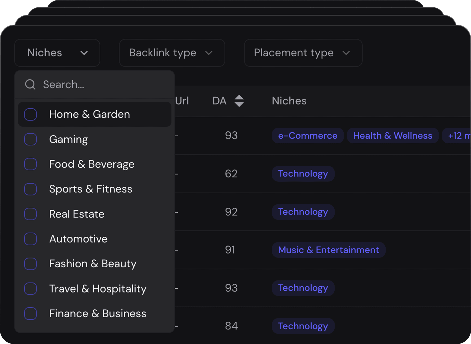 seobank.io - filter backlink by niche